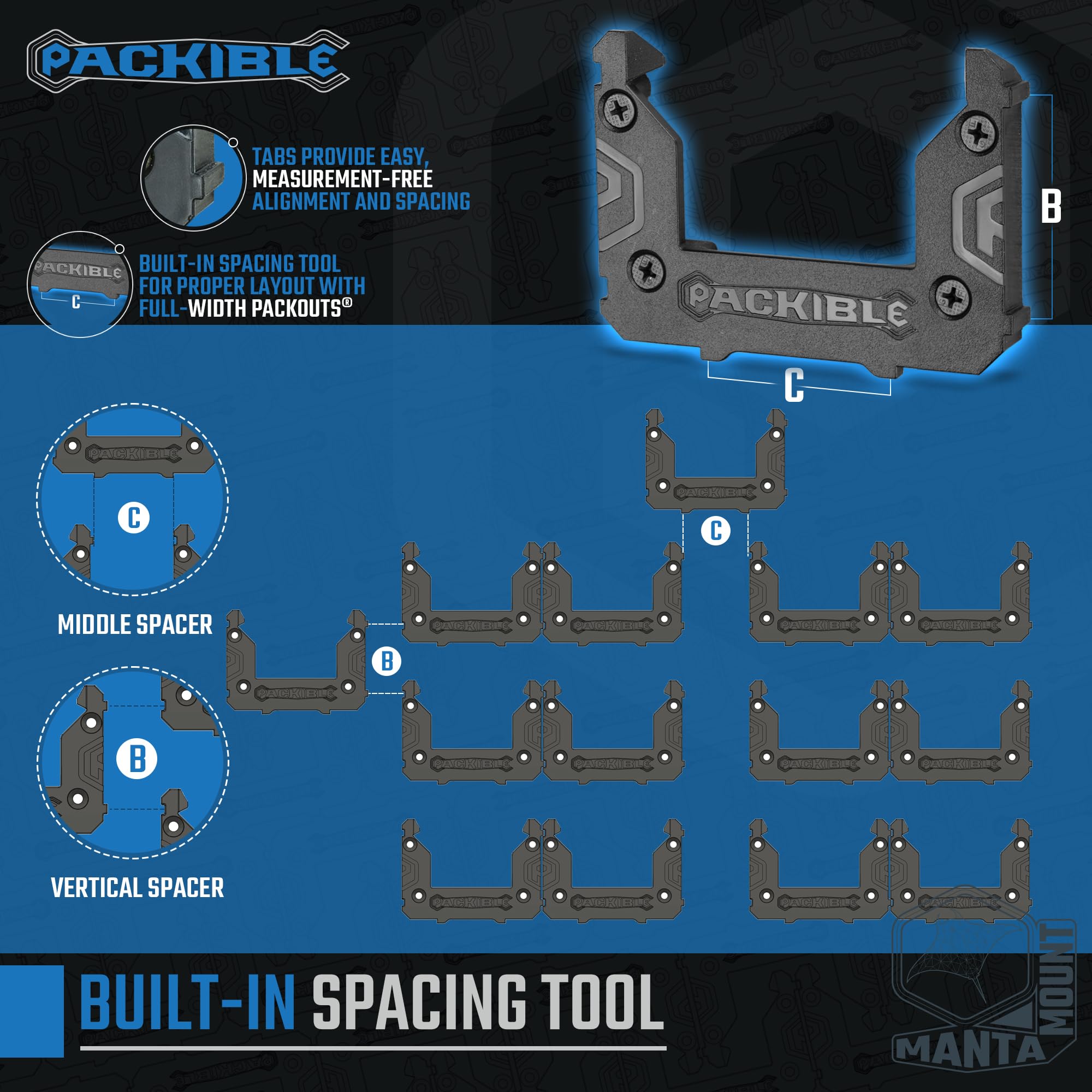 Packible Manta Mount tabs enable quick, measurement-free alignment during install.