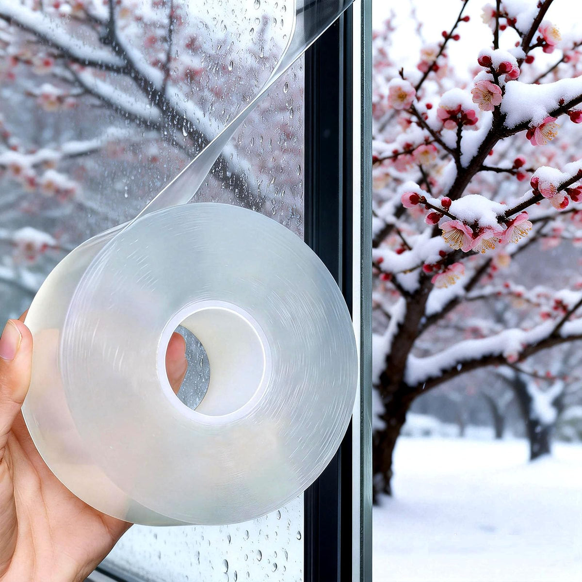PackYard transparent window sealing tape applied to a window for airtight sealing and draft reduction