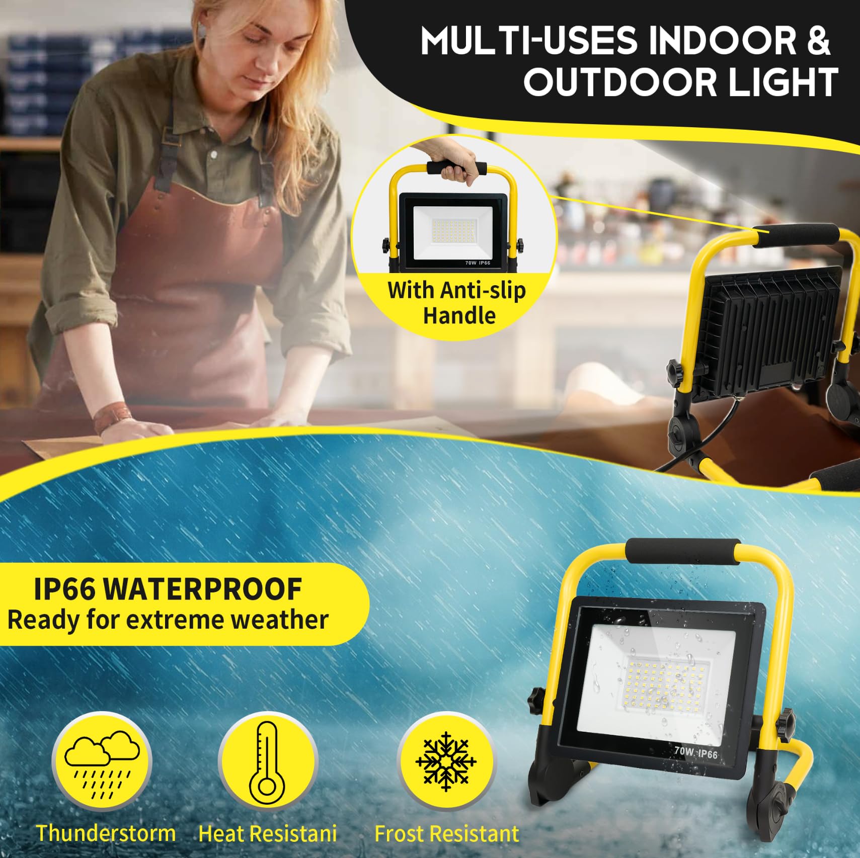 PACOLIT P portable work light with 5 foot cord and anti slip handle for easy placement.