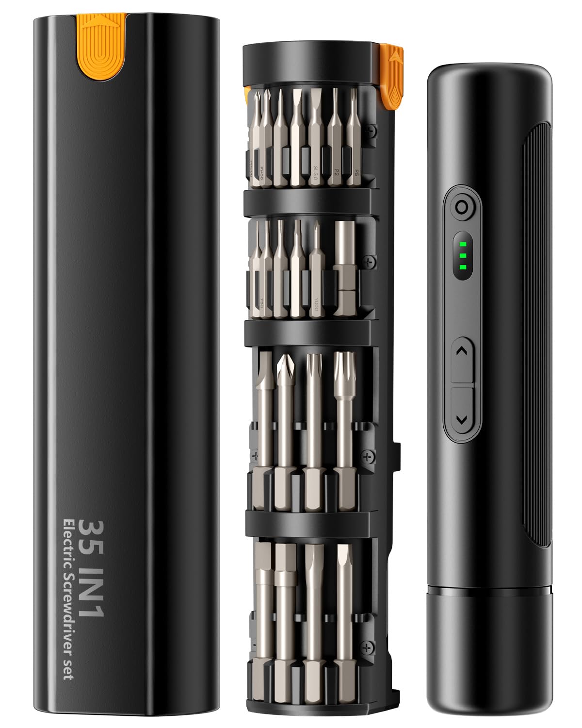 PACOVY cordless screwdriver in a compact design for easy storage.
