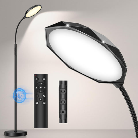 PACOVY diamond-head floor lamp provides warm, diffuse lighting for living spaces
