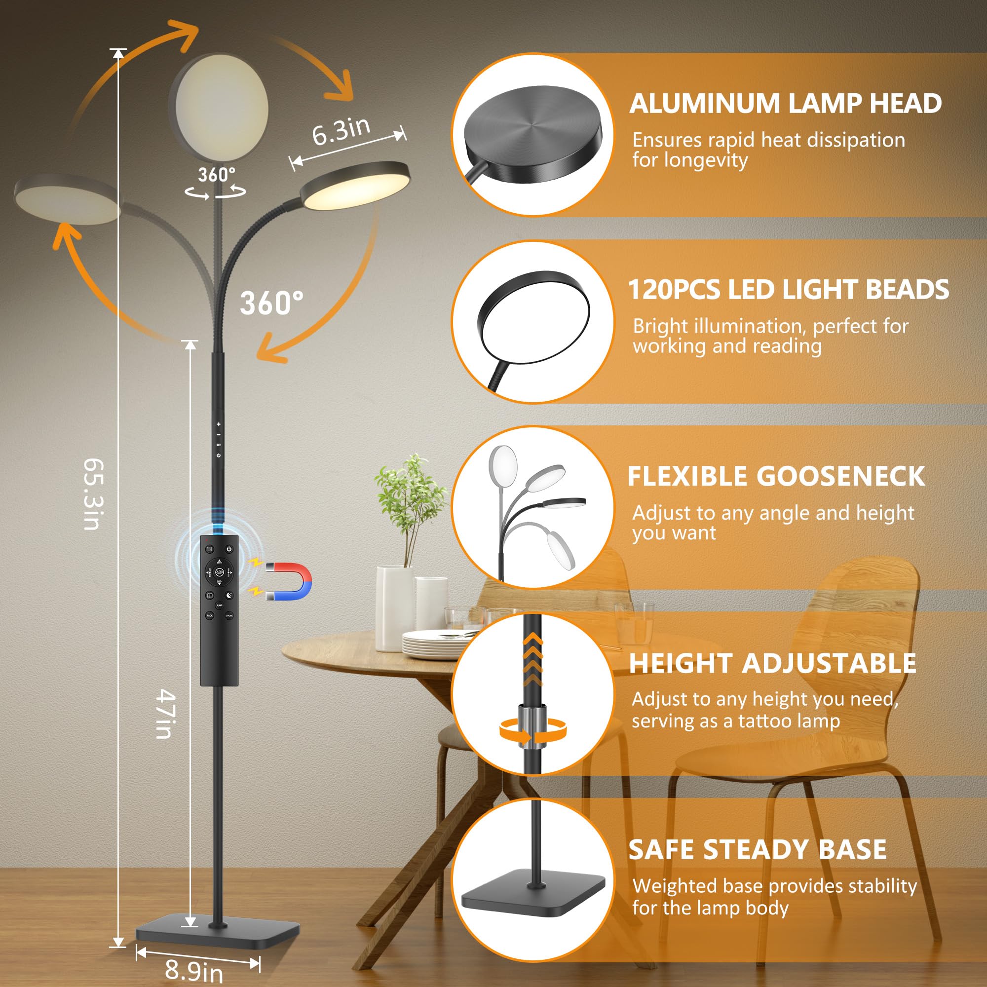 Tall standing lamp reaches high for overhead lighting and comfortable reading corners.