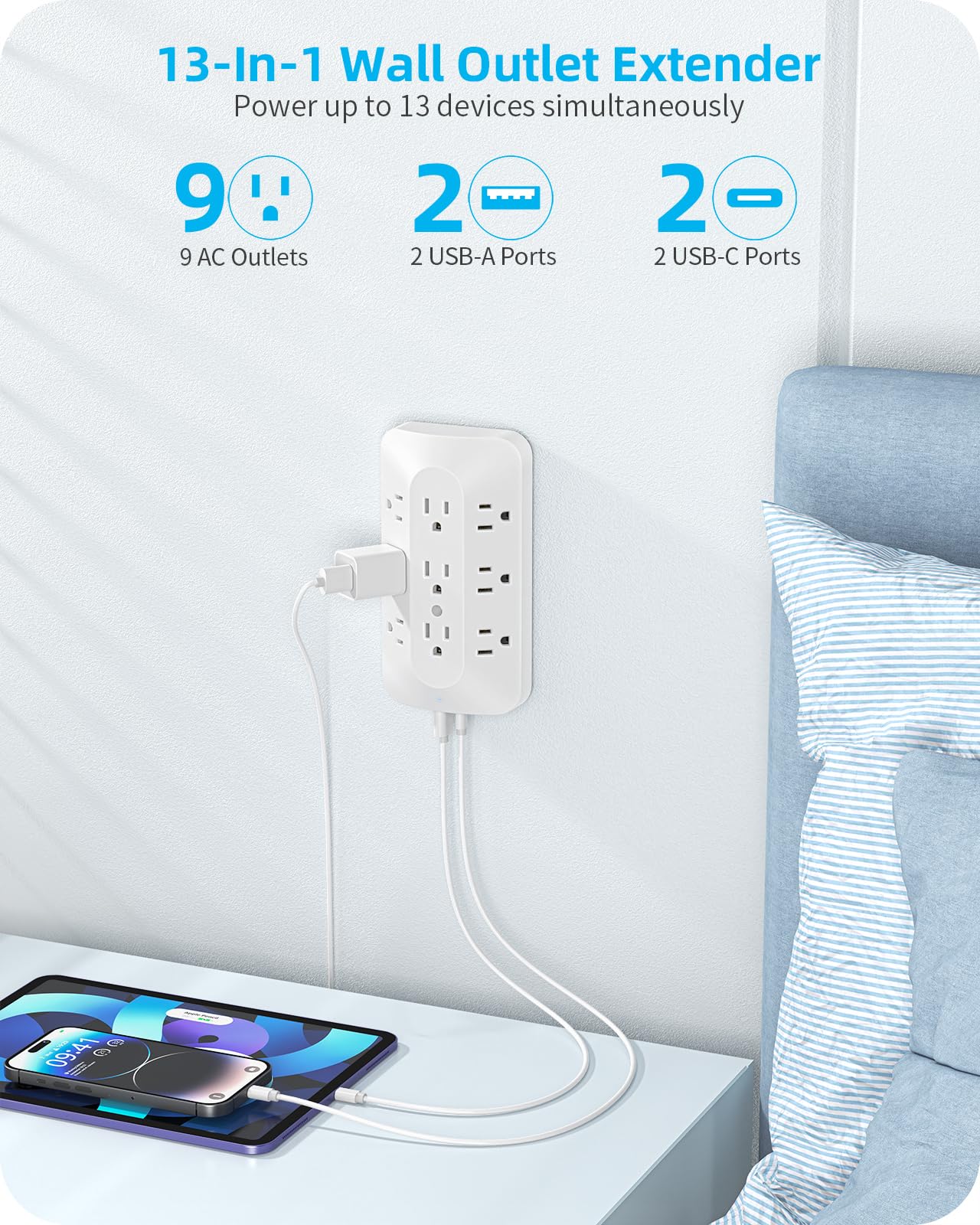 PAEWOK 9-outlet extender with USB ports ready for fast charging