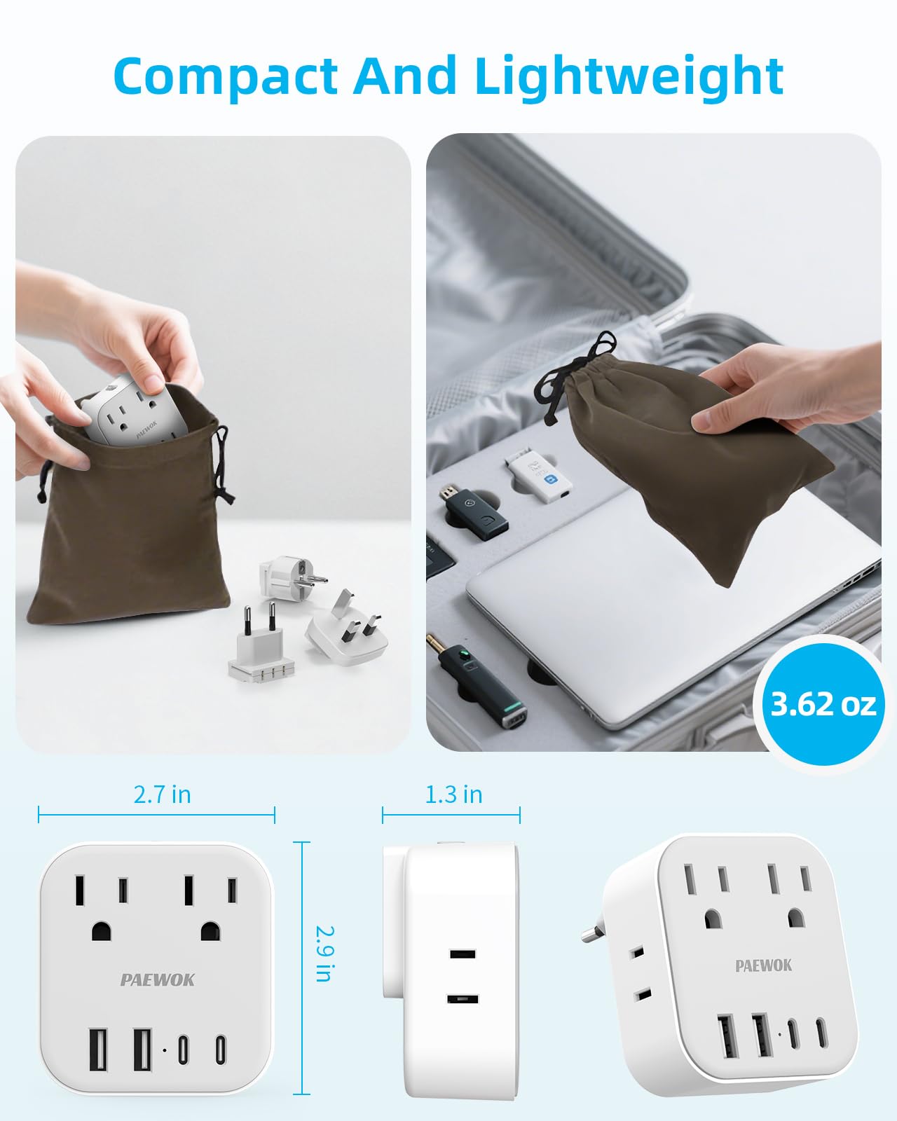 PAEWOK compact travel adapter tucked in a backpack for easy packing.