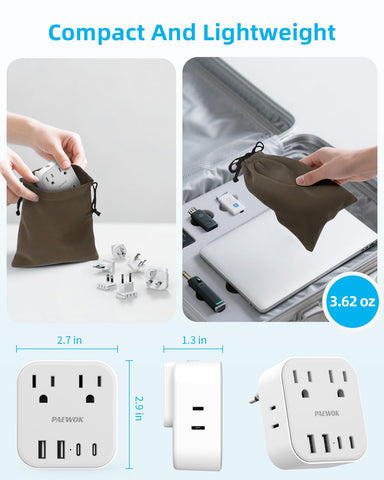 PAEWOK compact travel adapter tucked in a bag for vacations and business trips.