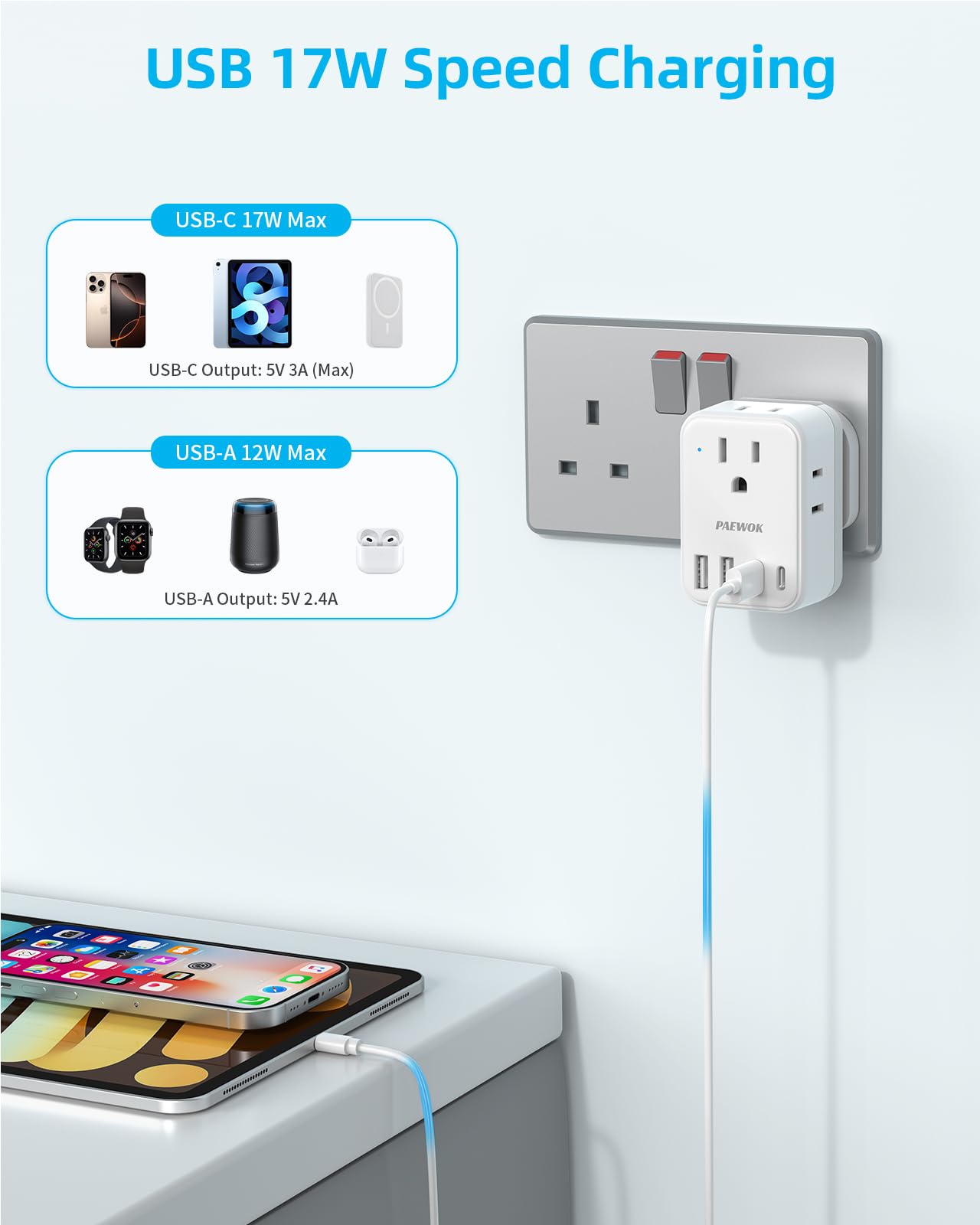 Compact travel adapter design fits easily in luggage