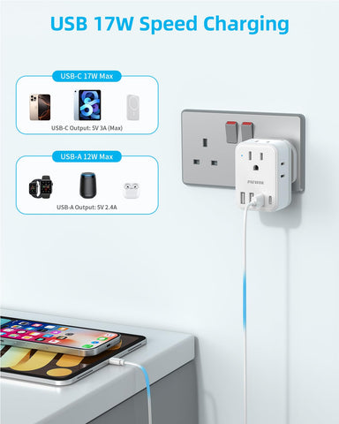 Compact travel adapter design fits easily in luggage