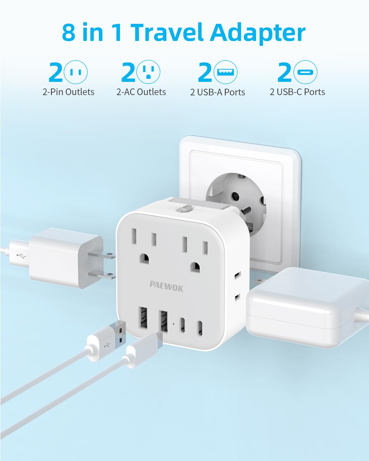 PAEWOK detachable plugs Type G, C, and E/F for Europe travel versatility.