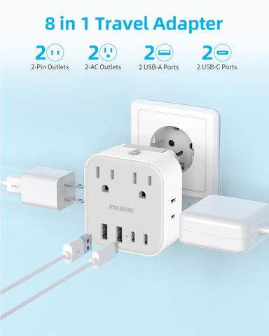 PAEWOK detachable plugs Type G, C, and E/F for Europe travel versatility.
