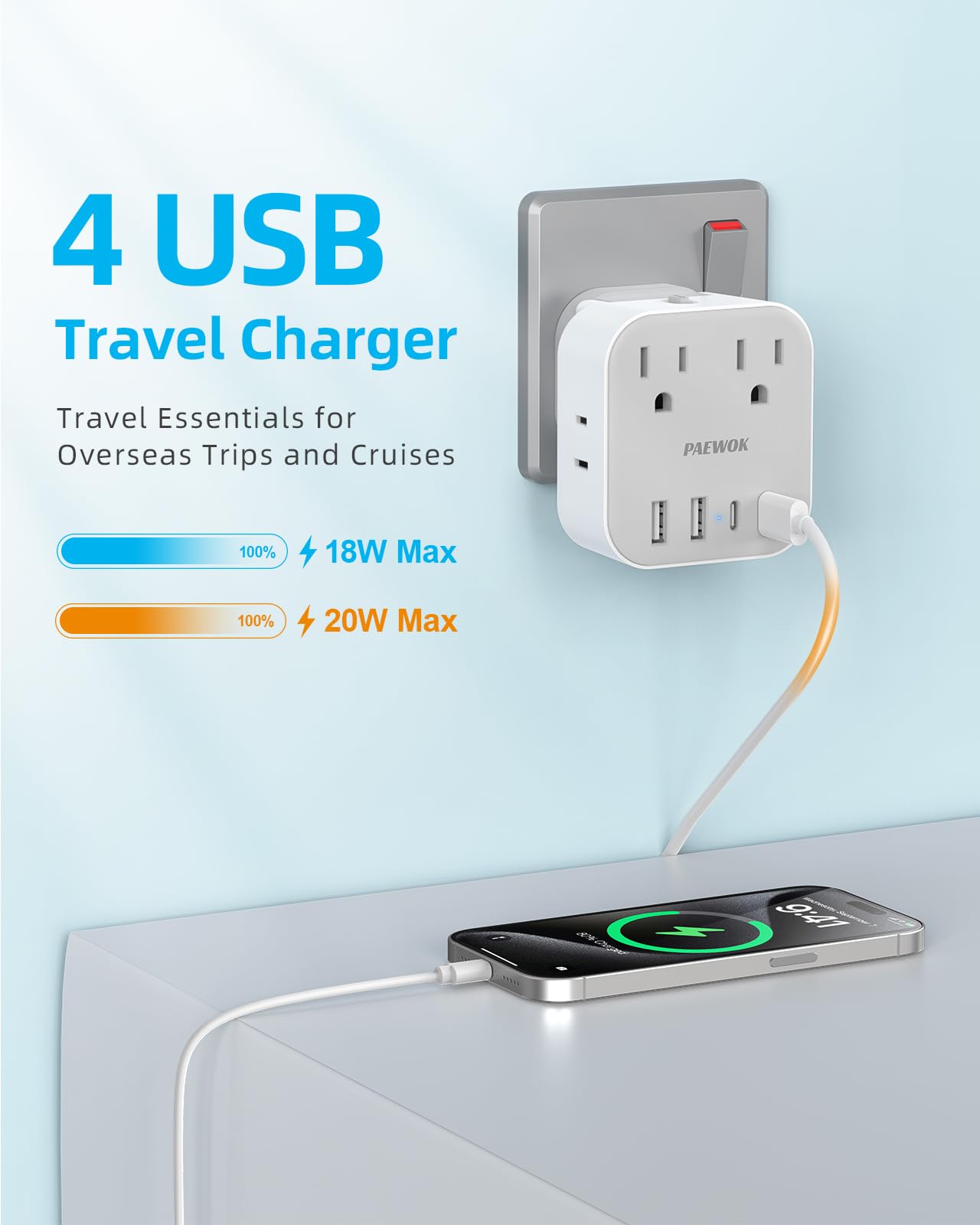PAEWOK sturdy international power adapter design for durable travel use.