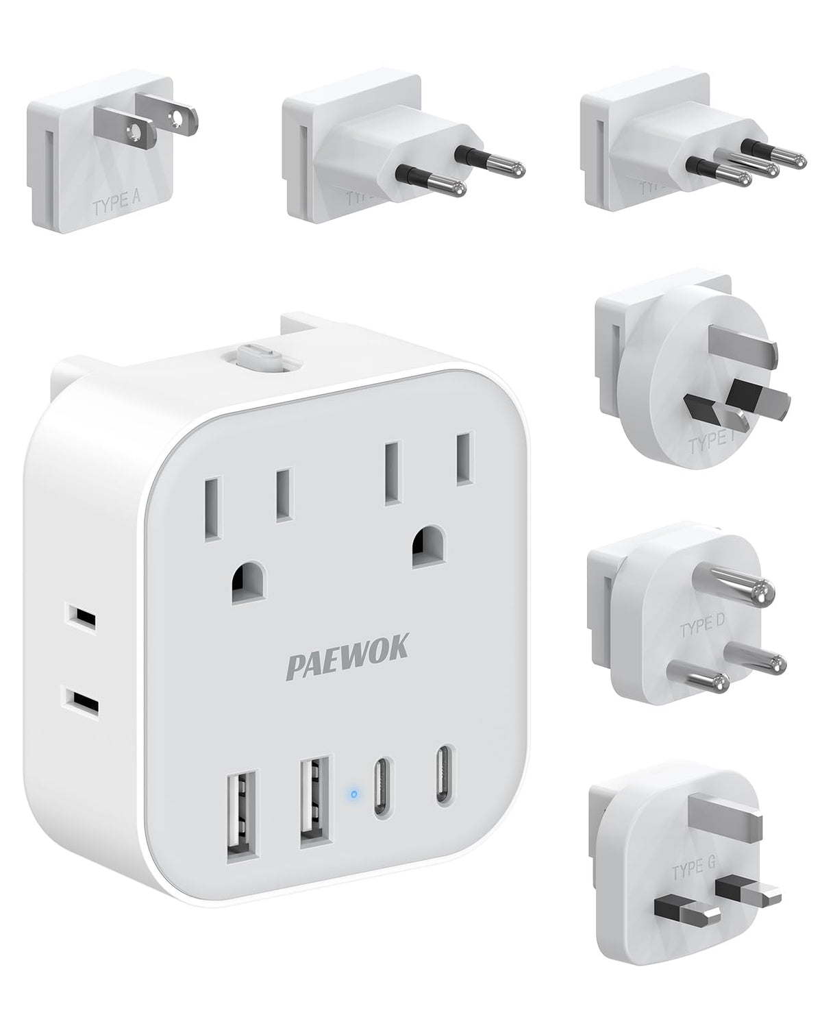 PAEWOK European travel plug adapter front view highlighting compact 8-in-1 design for easy packing.
