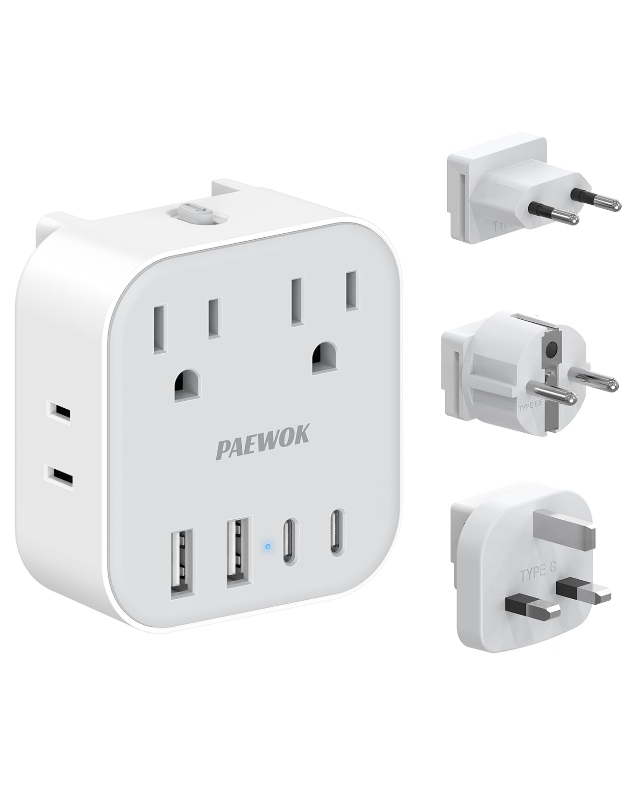 PAEWOK 8-in-1 travel adapter front view with USB ports for multiple devices.