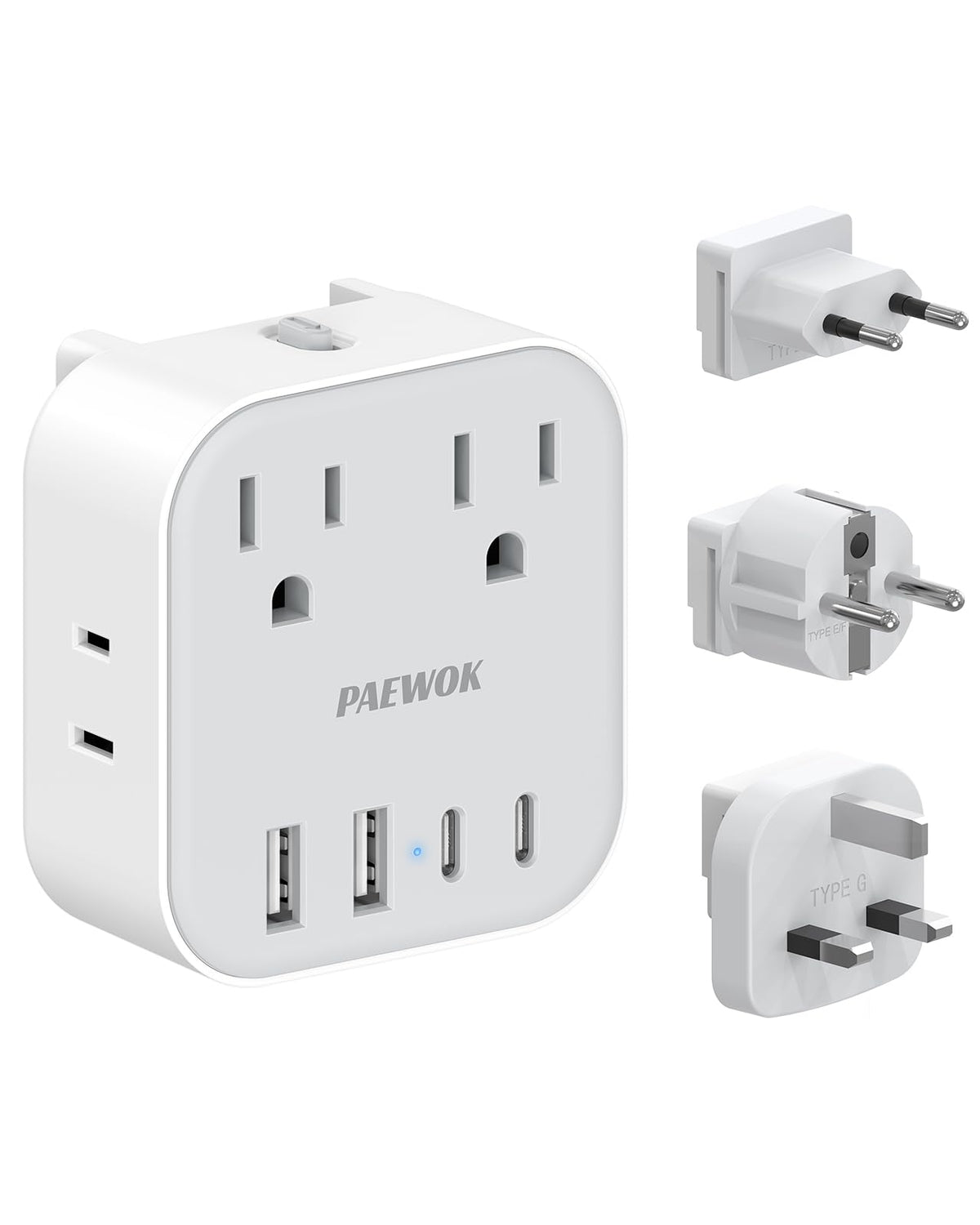 PAEWOK 8-in-1 travel adapter front view with USB ports for multiple devices.