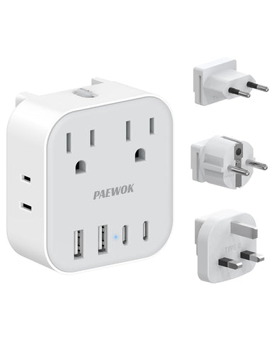PAEWOK 8-in-1 travel adapter front view with USB ports for multiple devices.