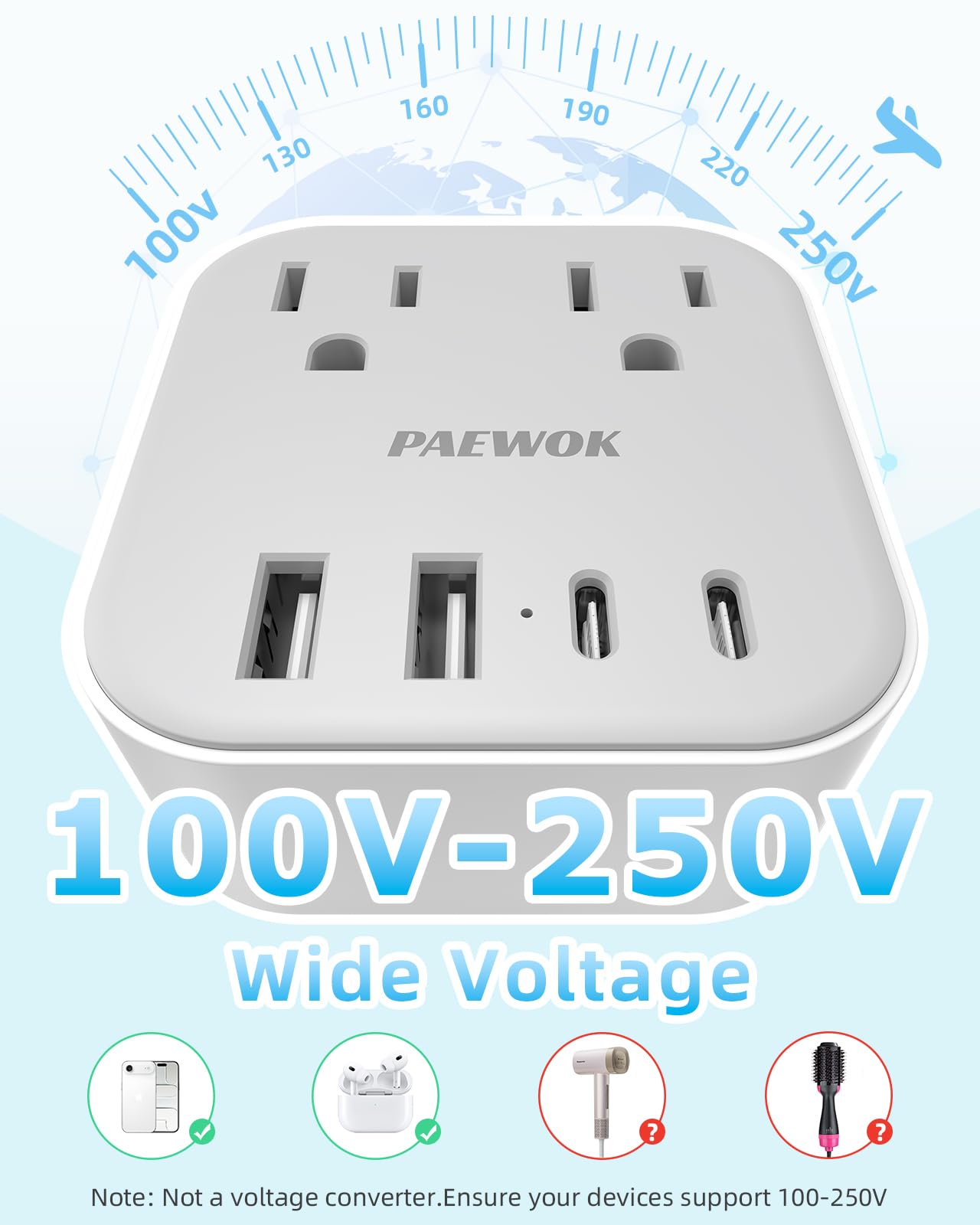 PAEWOK lightweight travel adapter ready for vacation or business trips.