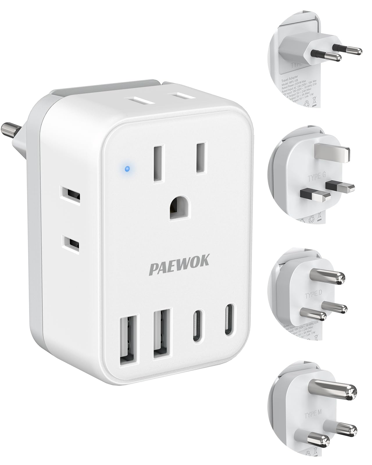 PAEWOK travel adapter front view powering eight devices on the go
