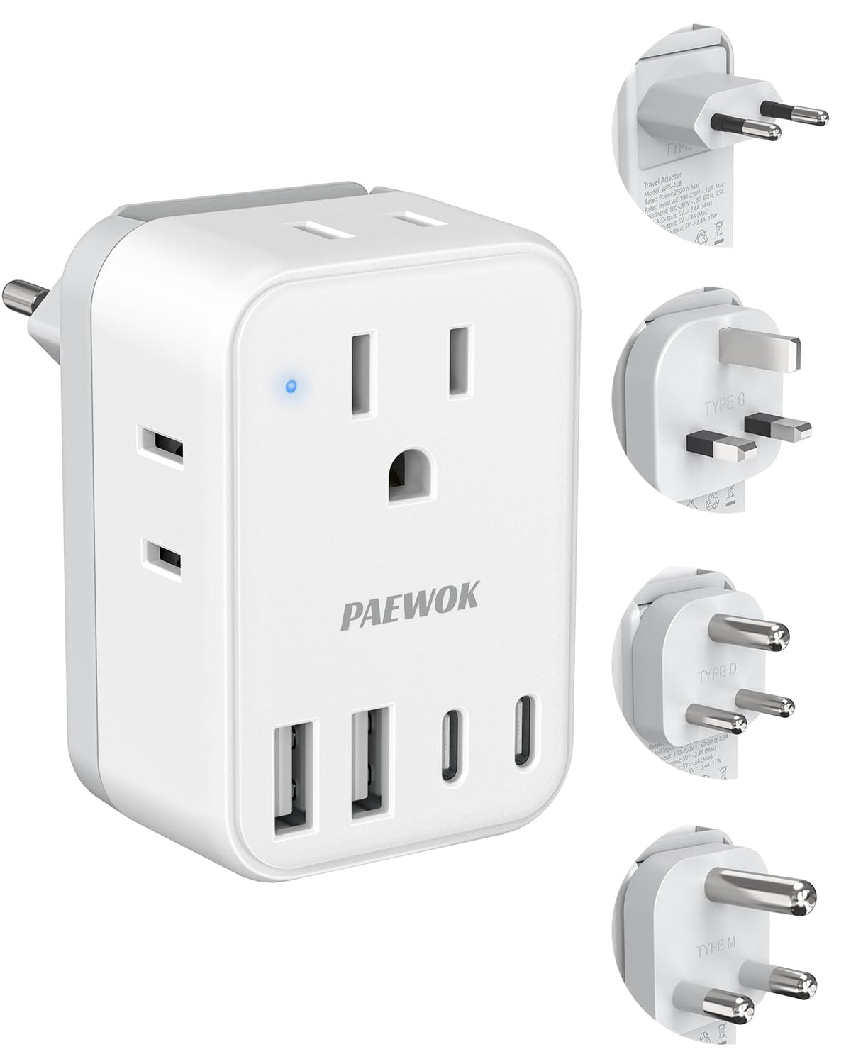 PAEWOK travel adapter front view powering eight devices on the go