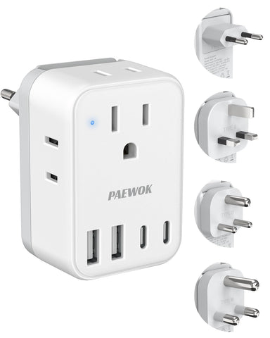 PAEWOK travel adapter front view powering eight devices on the go