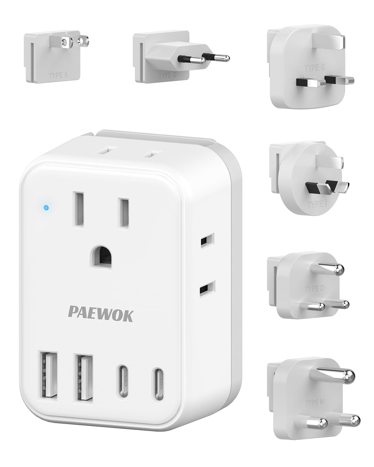 PAEWOK travel adapter 8in1 with front USB ports for global charging