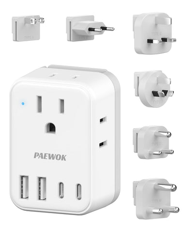 PAEWOK travel adapter 8in1 with front USB ports for global charging