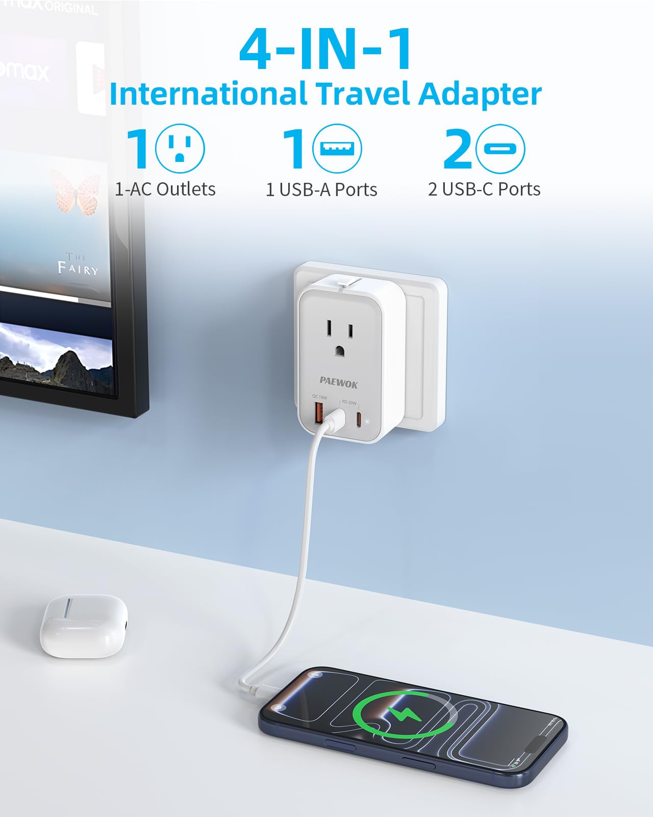 Paewok travel adapter offers worldwide compatibility across 150 countries.