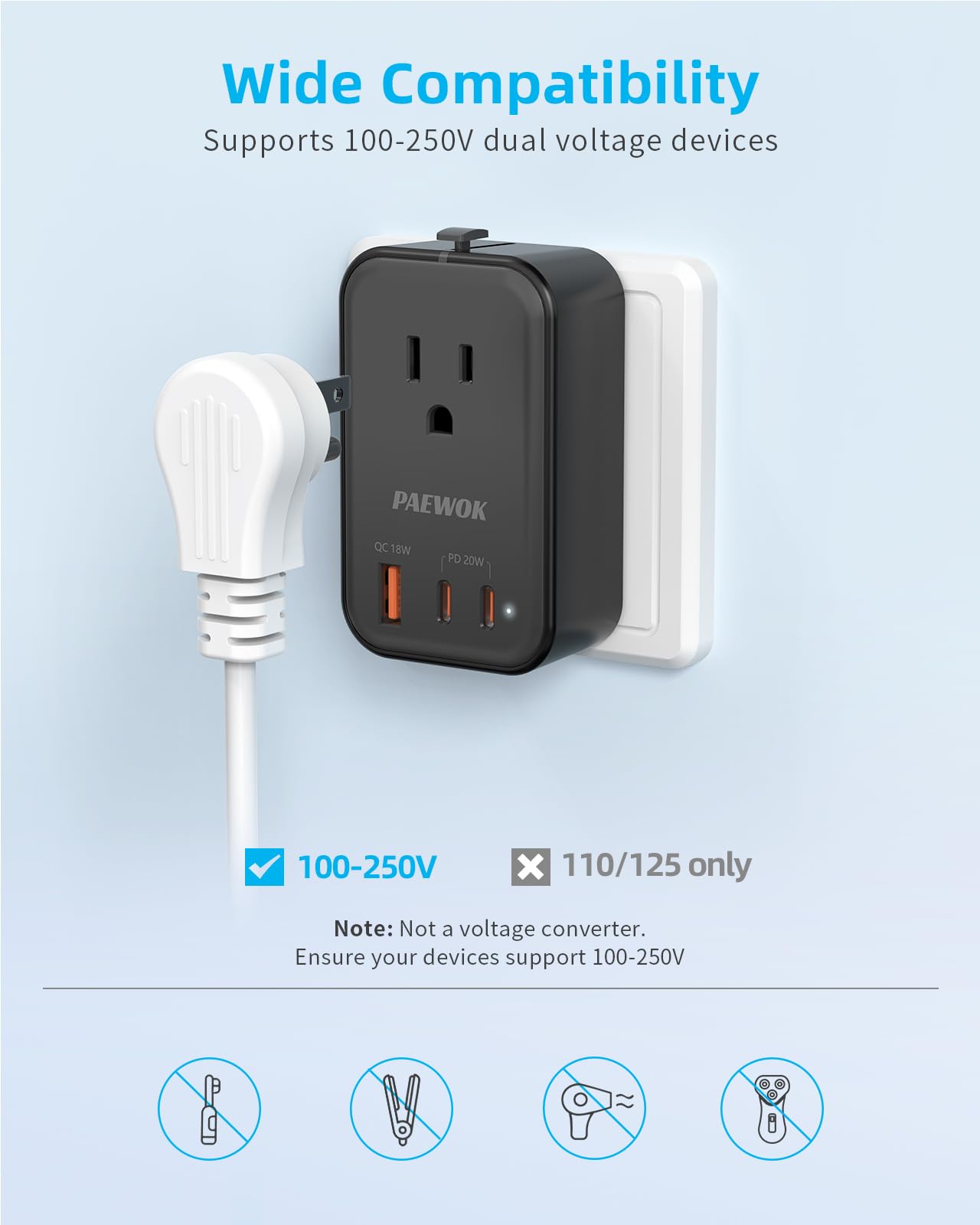 PAEWOK PD 20W travel adapter cruise-ready design fits backpacks