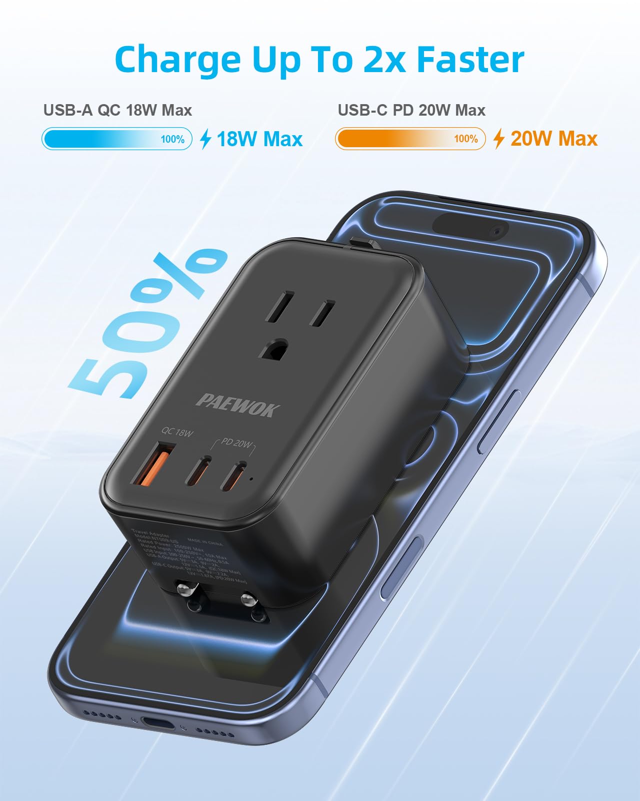 PAEWOK PD 20W travel adapter USB-A port supports QC 18W charging