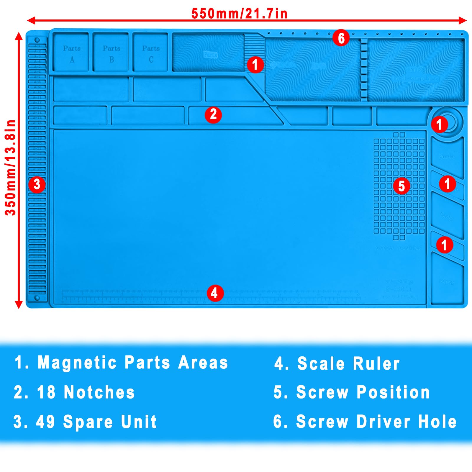 PAFOWO mat shows magnetic areas for easy part organization during repairs.