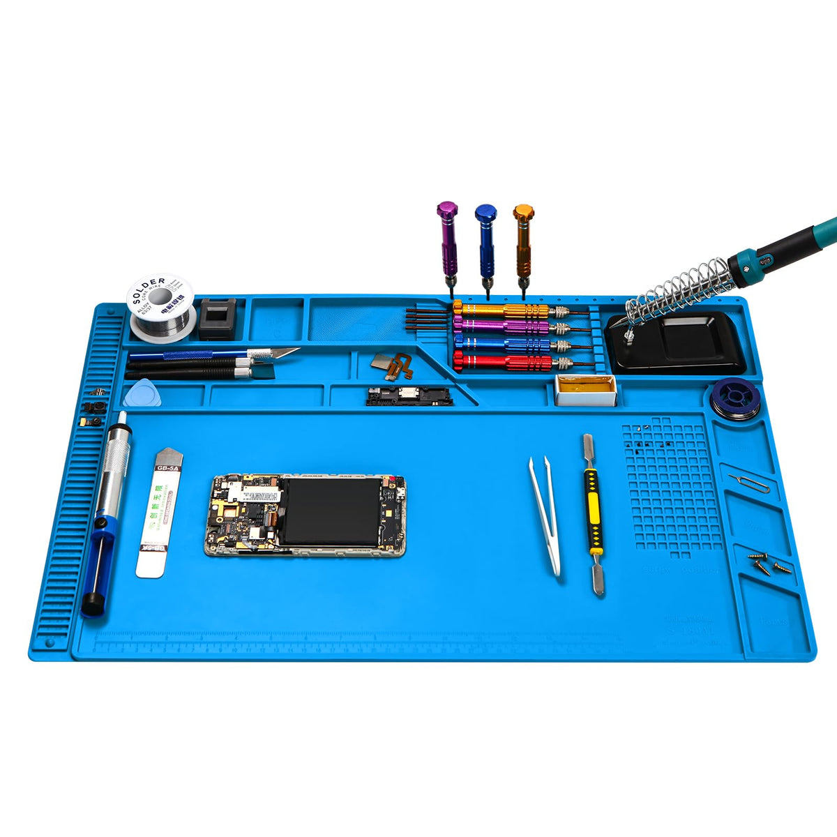 PAFOWO premium heat-resistant silicone soldering mat on a workbench protecting surfaces during repair.