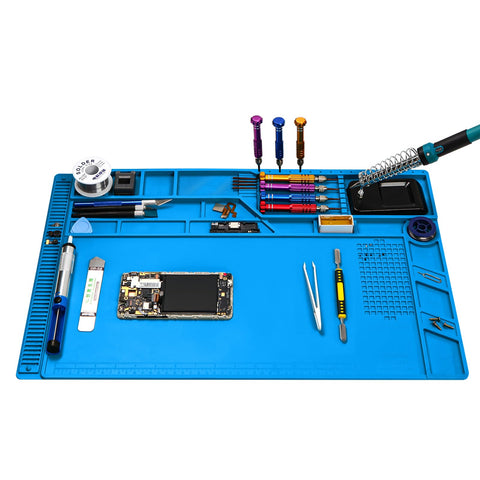 PAFOWO premium heat-resistant silicone soldering mat on a workbench protecting surfaces during repair.