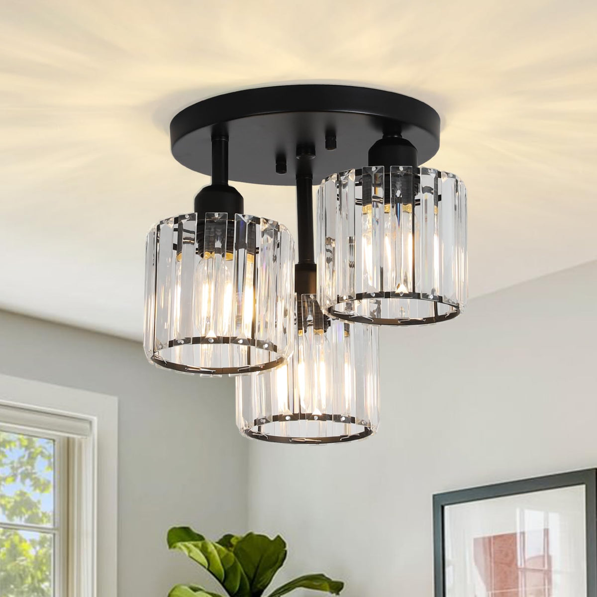 PAUFUL crystal-shade 3-light fixture enhances ambient glow.