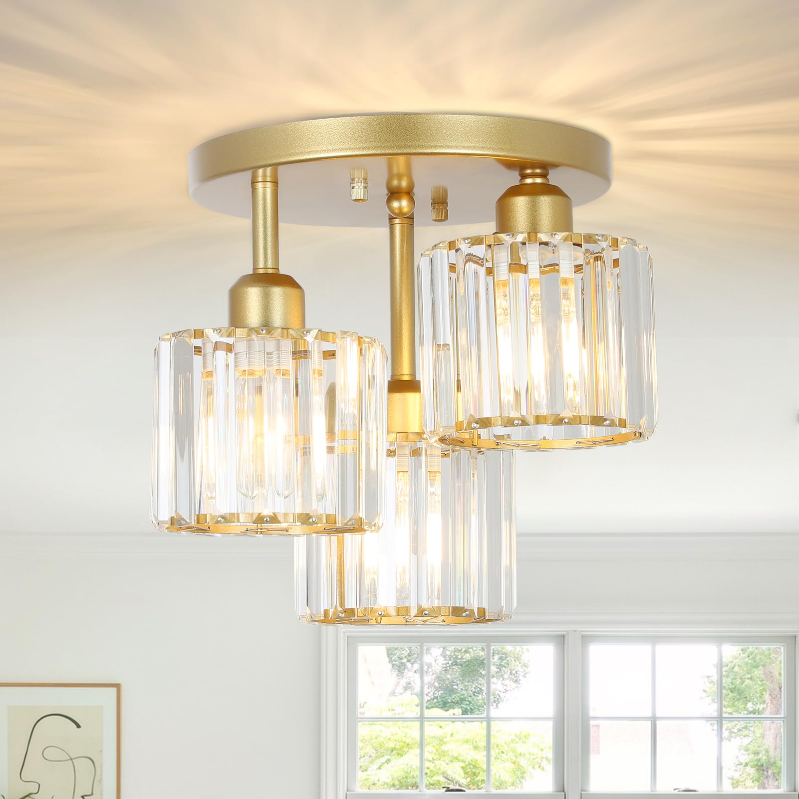 PAUFUL modern semi-flush 3-light golden crystal close-to-ceiling for bright kitchens.