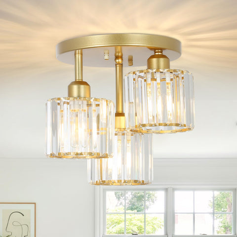PAUFUL modern semi-flush 3-light golden crystal close-to-ceiling for bright kitchens.