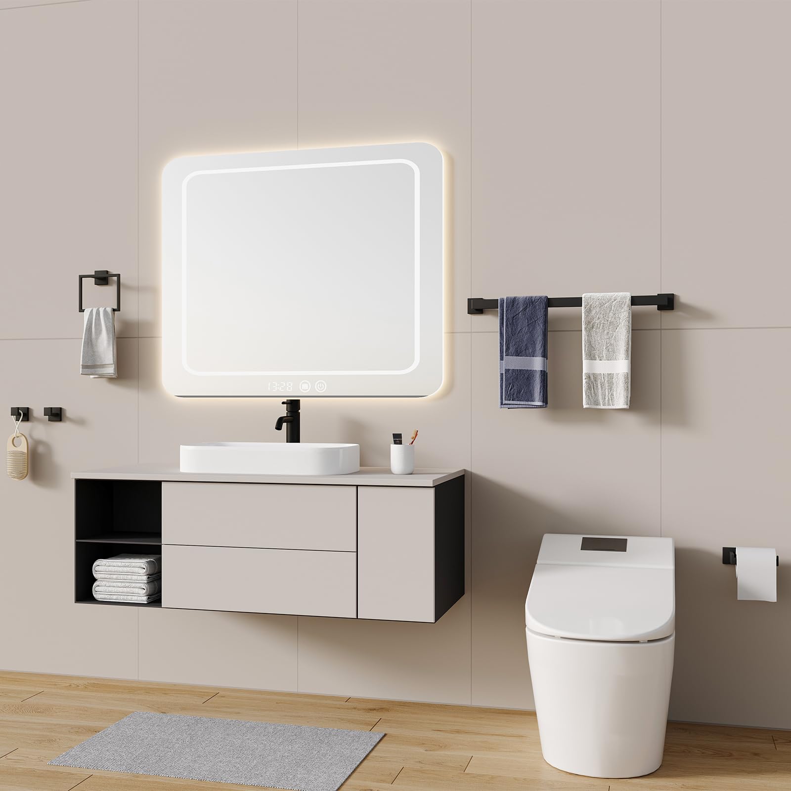 PAHSFS matte black bathroom accessories set enhances cohesive style.