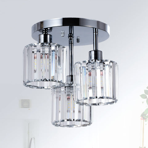 PAUFUL three-light semi-flush mount with crystal shades adds elegant sparkle to kitchens.