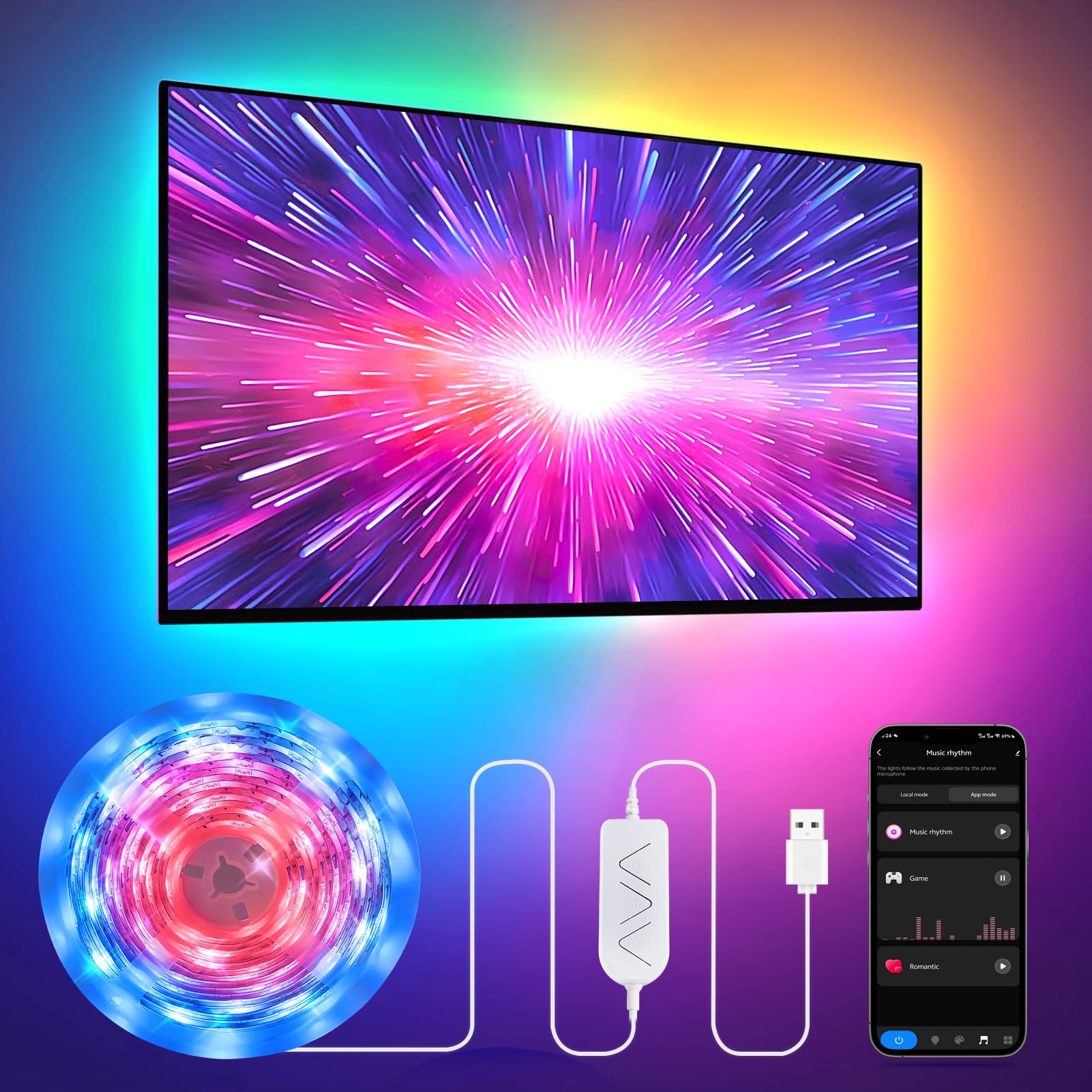 Pak 26.25ft RGB+IC LED strip backlight for 75-100in TVs enhances viewing ambiance.