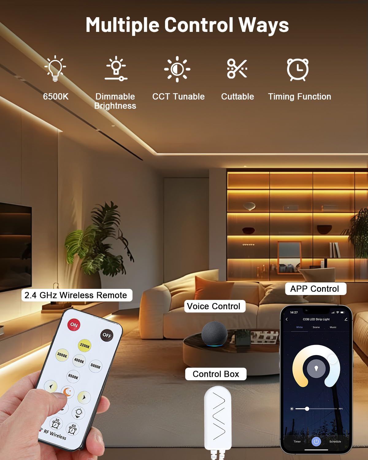 Pak COB LED strip demonstrates dimmable brightness from warm to cool whites