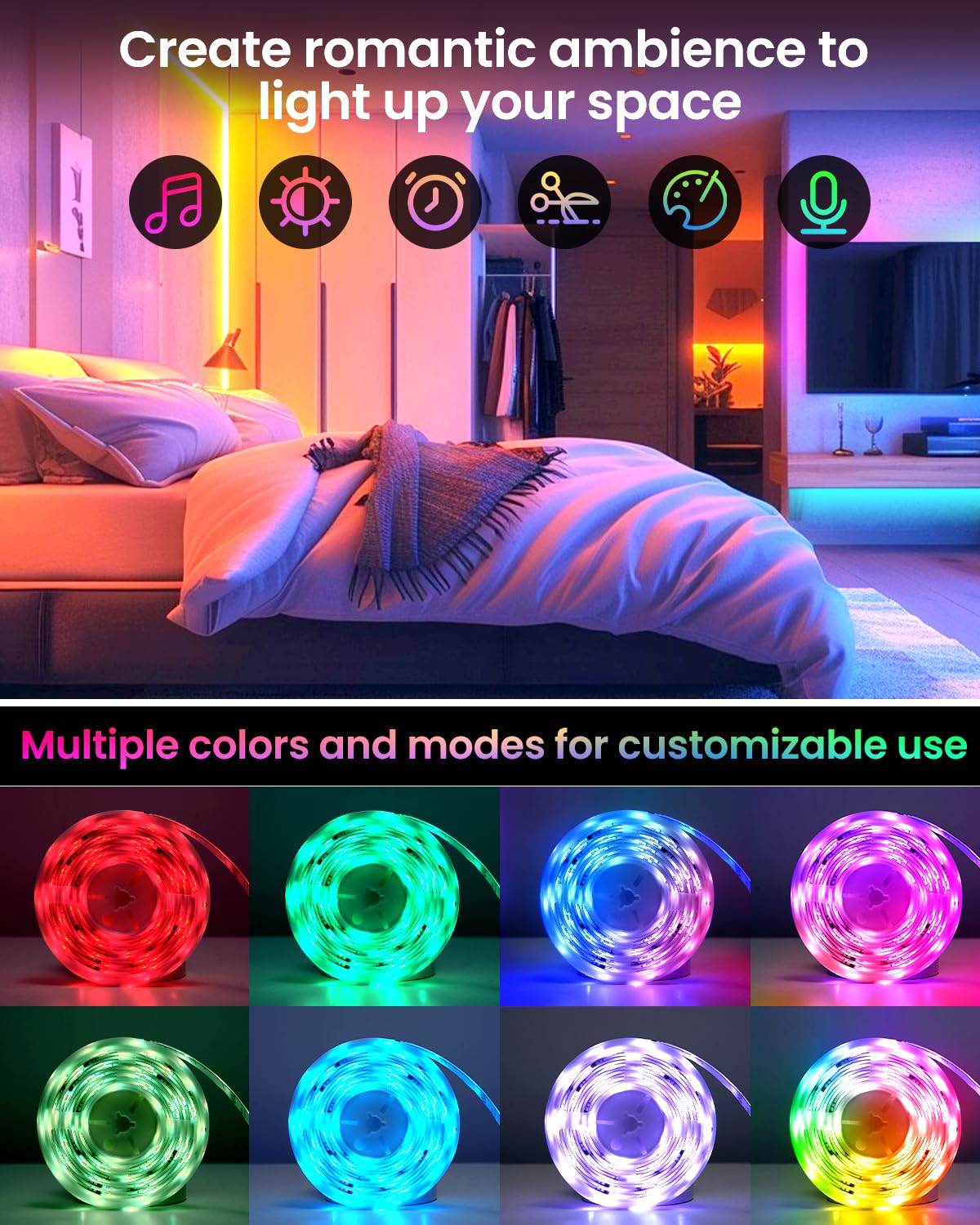 Pak LED lights feature 44 preset scenes for any mood.