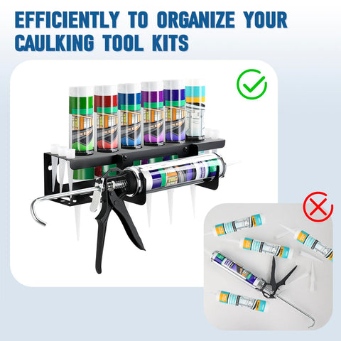 Six nozzle holders keep caulk tips organized and ready for use.