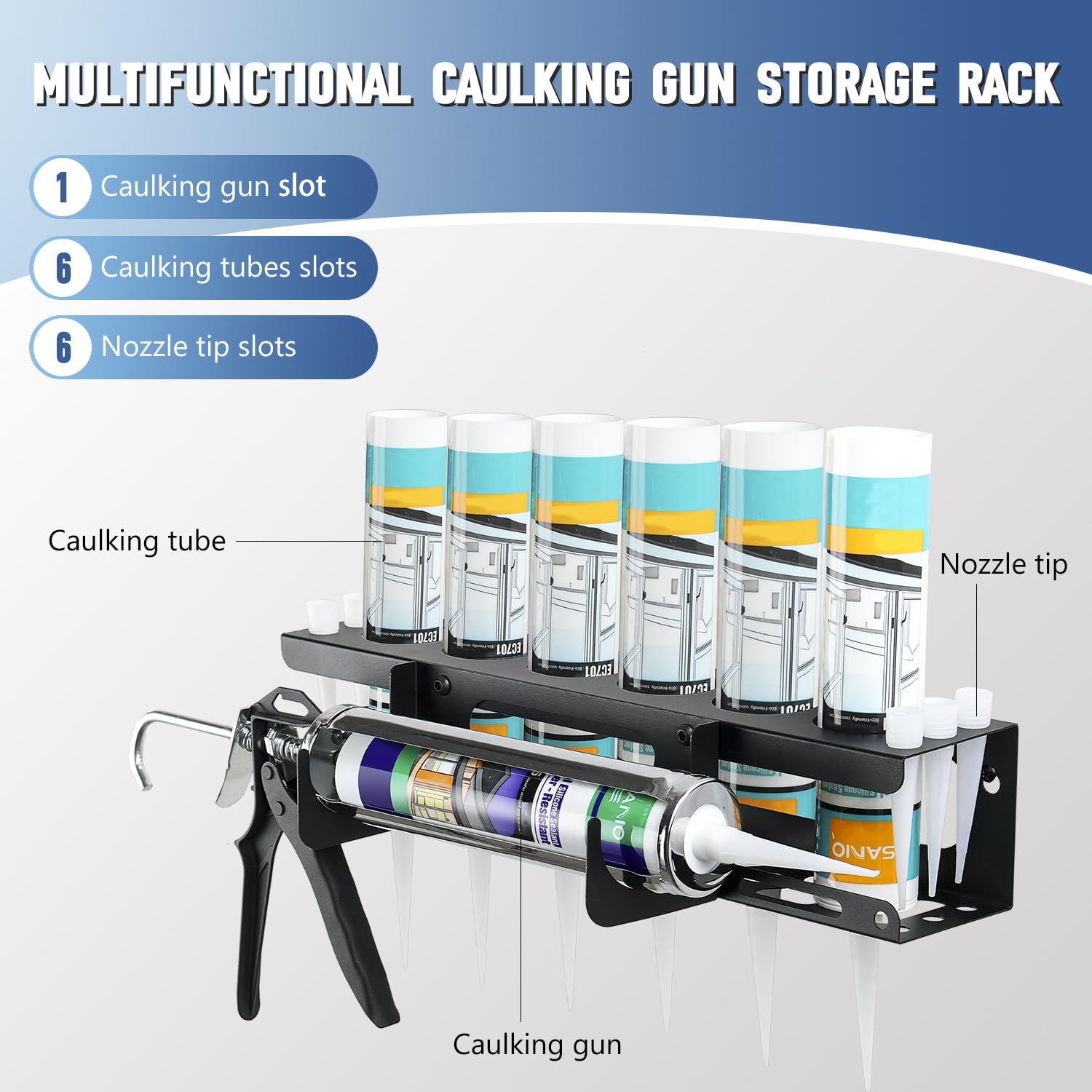 Caulk tube storage holds six tubes neatly in a compact wall-mounted organizer.