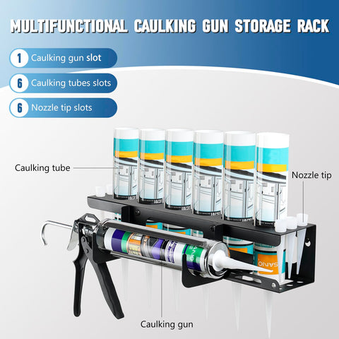 Caulk tube storage holds six tubes neatly in a compact wall-mounted organizer.