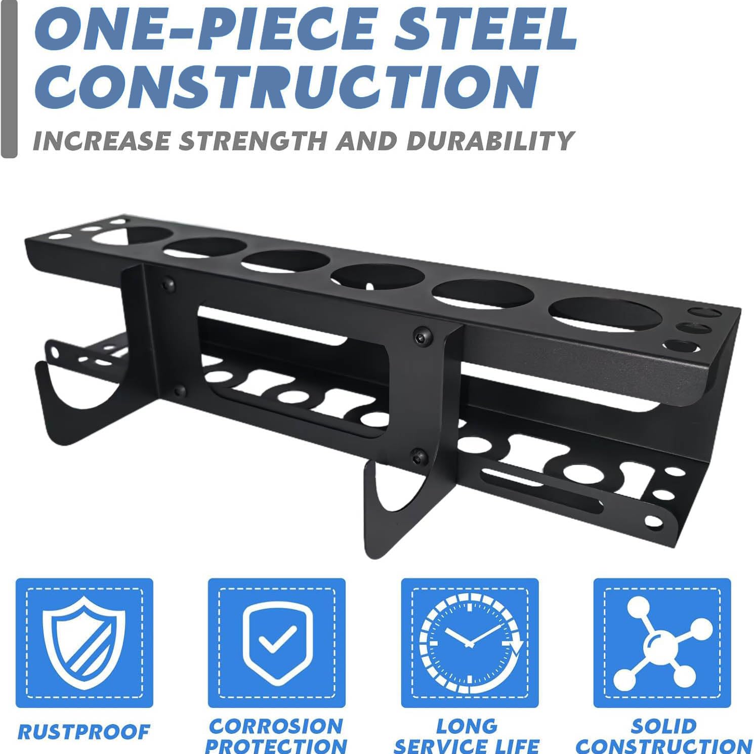 Rust-resistant black coating protects equipment in dusty garage environments.