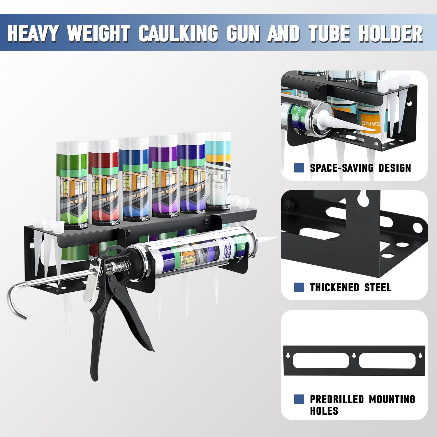 Siligun caulking gun rack close-up showing sturdy metal construction and black finish.
