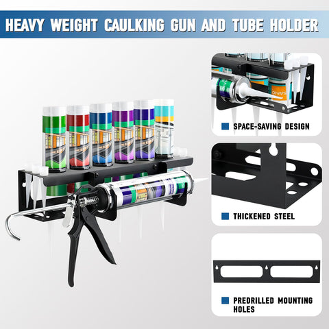 Siligun caulking gun rack close-up showing sturdy metal construction and black finish.