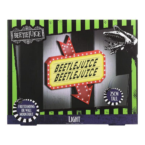 Paladone Beetlejuice icon light standing display adds spooky ambiance on a shelf.