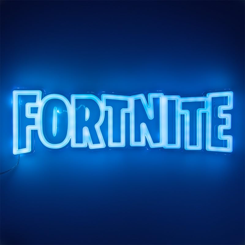 Paladone Fortnite blue glow on wall enhances immersive gaming atmosphere.