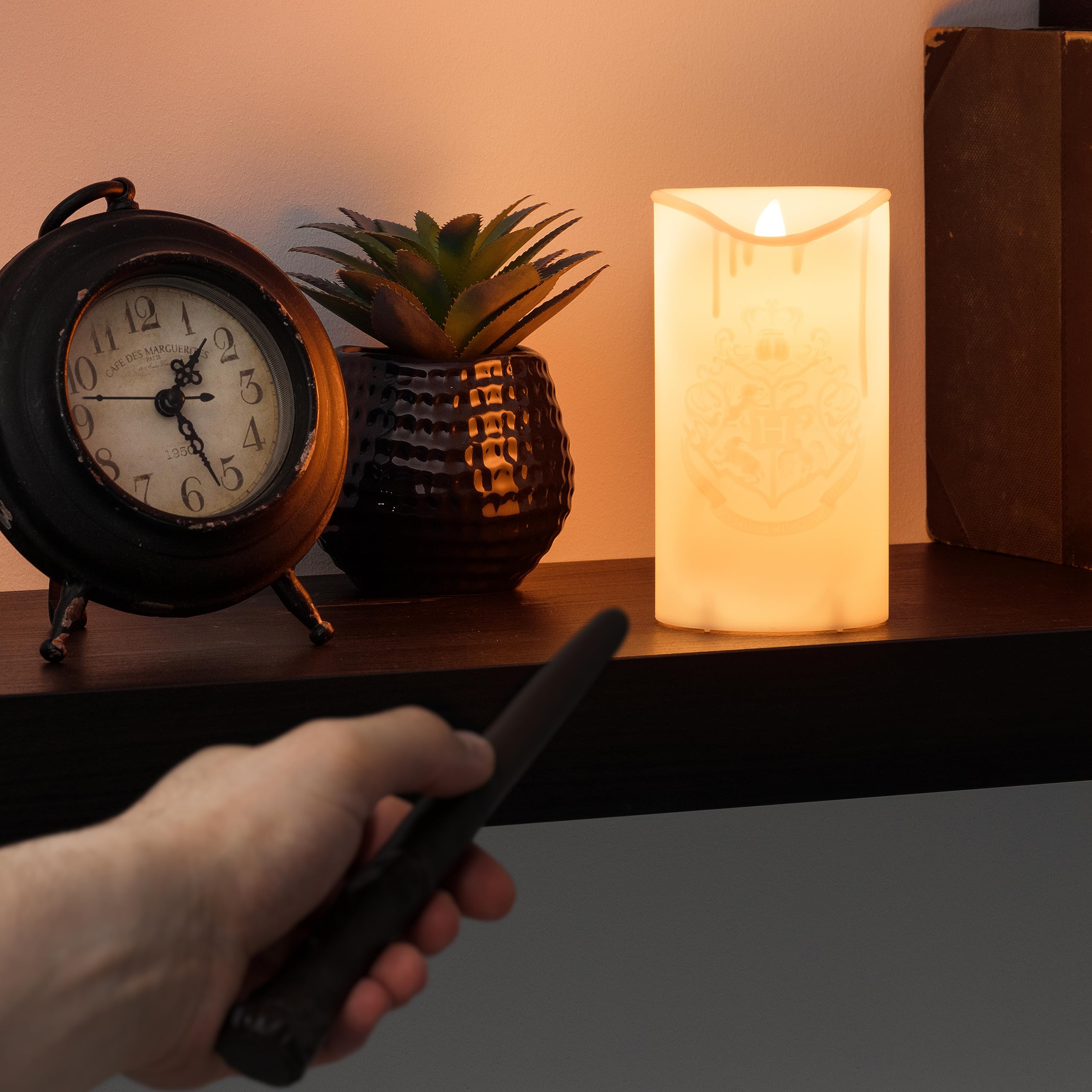 Close-up of Paladone Hogwarts crest LED candle showing authentic details