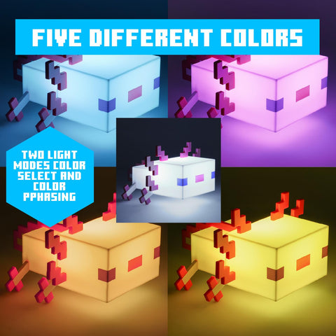 Paladone Minecraft Axolotl Light runs on three AA batteries for cordless use.