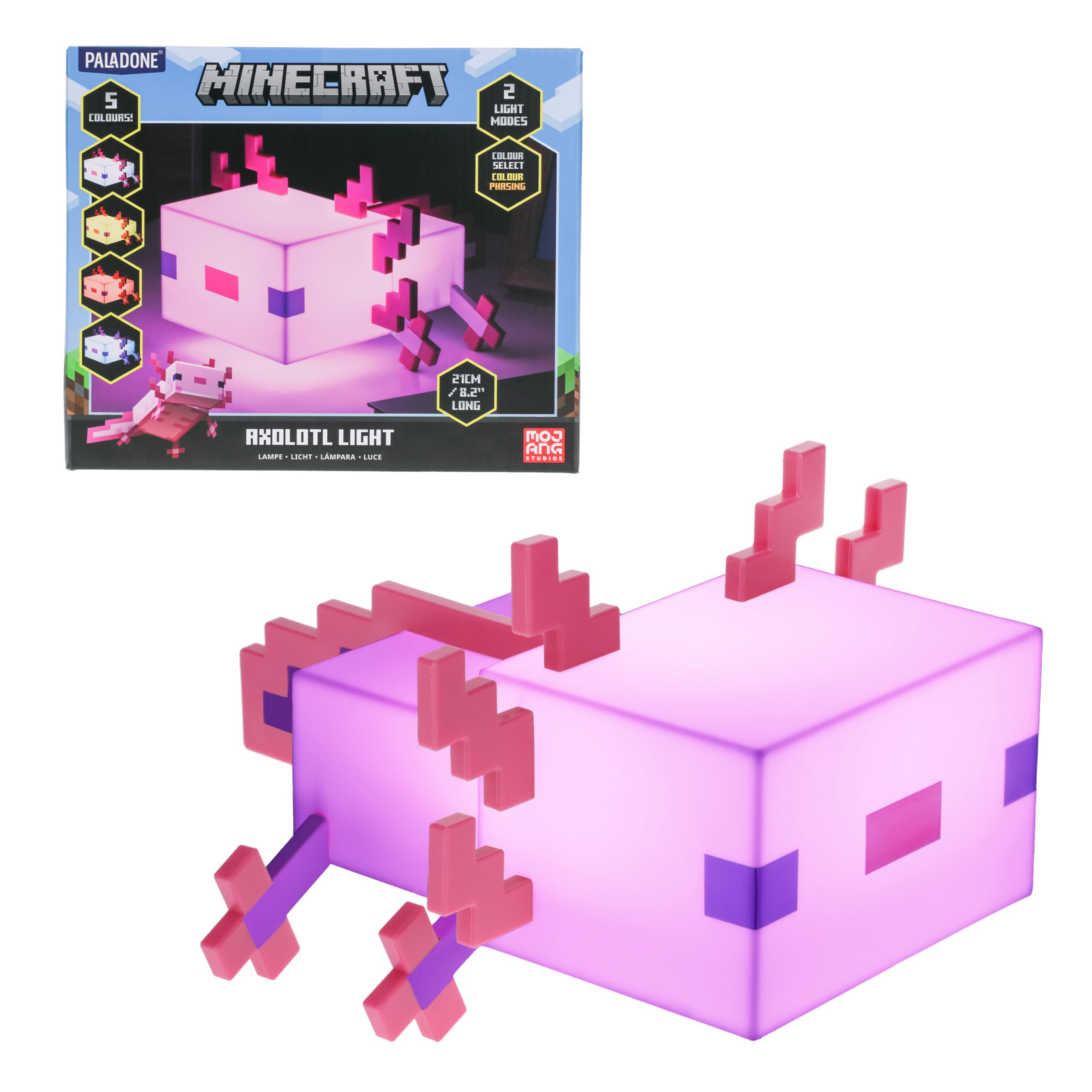 Paladone Minecraft Axolotl Light glows blue to upgrade your desk ambiance.