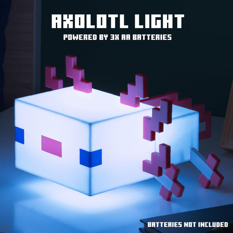 Paladone Minecraft Axolotl Light measures 21 cm for compact bedside lighting.